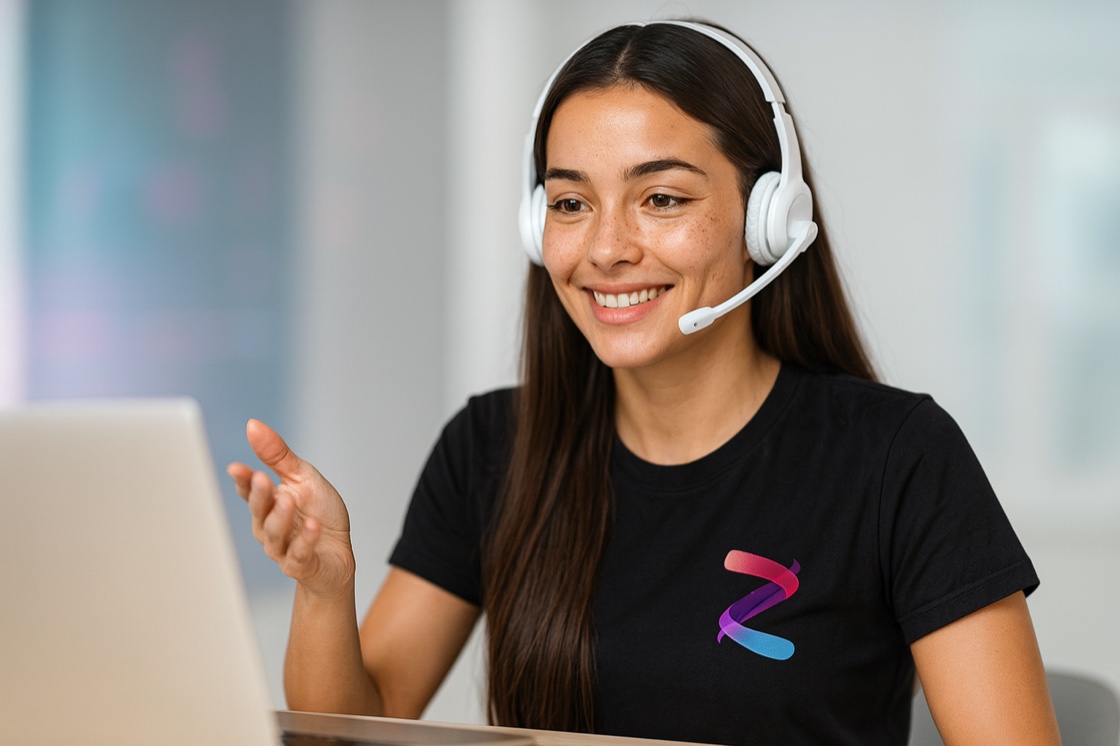 Consultora usando a Zoe em uma videochamada